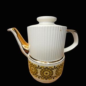 England Gold White Floral MCM‎ Ceramic Cylindrical Tableware Teapot Size 10 in